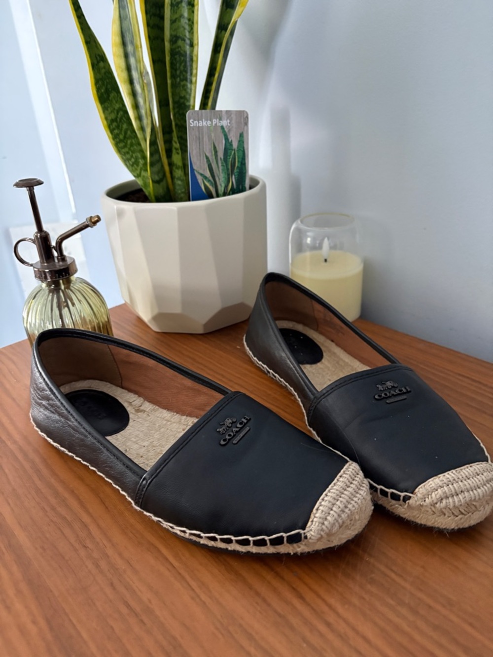 Coach Black Leather Espadrille Slip-Ons with Natural Jute Toe